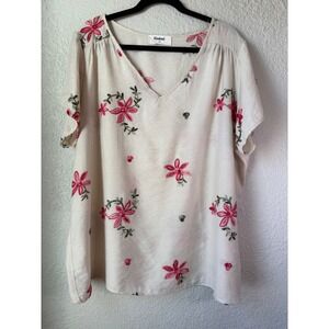 Anthropologie Kindred 3X Embroidered Floral Blouse Boho Cottagecore Cream Top